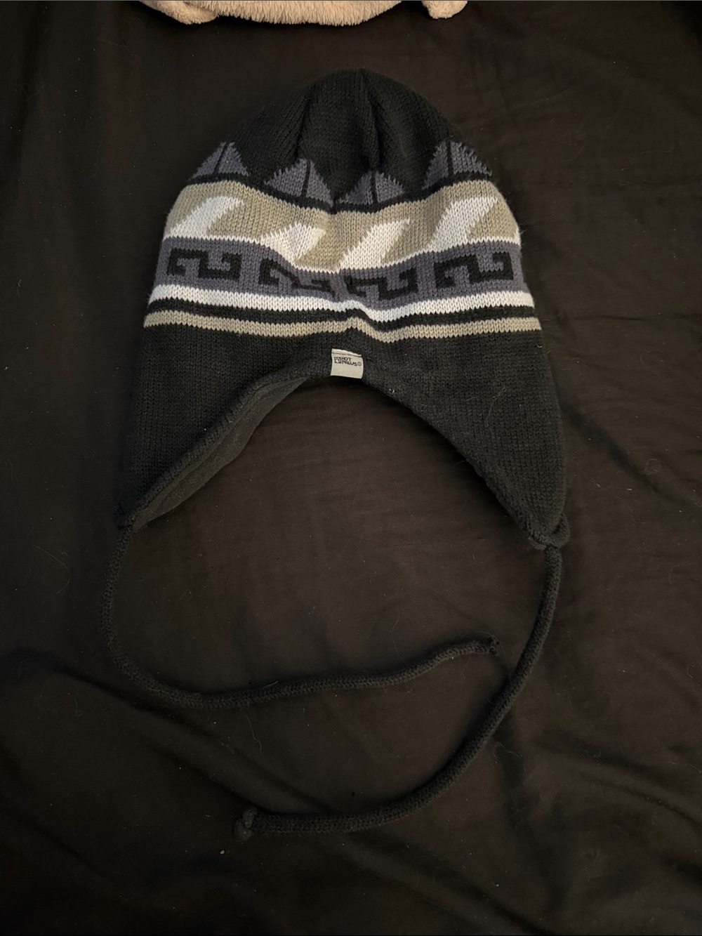 5/$25 Kids Black Earflap Knit Hat with Gray & Tan Pattern